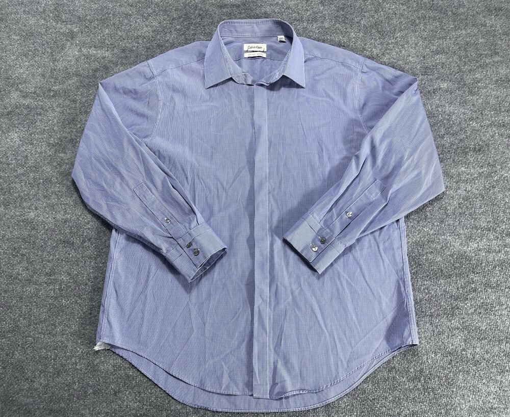 Calvin klein Mens Button Up Check Shirt Blue 17 32/33 Long sleeve Non Iron Slim